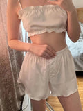 KYLETHOMASW  -  Women's Sweet Lace up Pajama Solid White Color High Waist Wooden Shorts Set Nightdress Sexy Lace Satin Lingerie Nightwear Dress