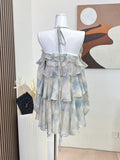 Kylethomasw 2000s Aesthetic Print Fairy Dress Ruffle Fashion Banquet Party Prom Blue Slash Neck Halter Dress Sweet Off Shoulder High Street