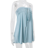 KYLETHOMASW  -  Street Style Satin Tube Top Strapless Sleeveless Dress Pure Color Low Waist Crossed Strap Backless Fashionable Trendy Girl Dress