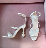KYLETHOMASW  -  White Satin Open-Toe Sandals Pearl Stacked Heel Thin Strappy Design Adjustable Ankle Buckle Elegant Style Perfect for Lady