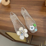 KYLETHOMASW  - fashionab Flower Decor Jelly women's Sandals Square Toe Hollow‑Out women's Slippers Non‑Slip Beach Slip‑On Casual women's shoes