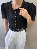 KYLETHOMASW  -  Retro Style Three-dimensional Lace Short Shirt Women Summer New Design Niche Bubble Sleeve Elegant Top