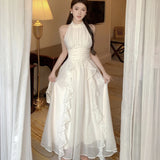 KYLETHOMASW  -  White Long Dresses Ruffles Solid Halter Sleeveless Spring Summer Sweet Vestidos Korean Fasion Elegant Women Dress