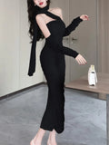 KYLETHOMASW  -  Fashion Sexy Halter Pleated Party Dress for Women Vintage Elegant Autumn Strapless Birthday Ladies Bodycon Split Vestidos Mujer