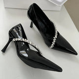 Kylethomasw Rhinestone Chain Sexy Thin High Heels Women Pointed Toe Pumps Office Shoes Female Fashion Elegant Dress Shoes Zapatos De Mujer