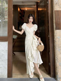 KYLETHOMASW  -  White V-neck Lace Up Short Sleeved Dress Women Summer New Lotus Leaf Edge Waist Cinching Slim Temperament Long Dresses