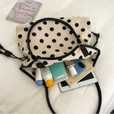 KYLETHOMASW  -  Vintage Black Polka Dot Canvas Tote Bag Leather Handle Drawstring Side Design Large Capacity Daily Shopping Shoulder Handbag