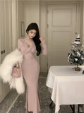 KYLETHOMASW  -  Sweet Hot Girl Sexy V-neck Twisted Dress Women's Autumn Lace-up Slim Fit Hip Wrapped Mermaid Long Dress Fashion Female Clothes