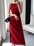 KIylethomasw Summer Korean Elegant Slim Red Sleeveless Midi Dress New Fashion Spaghetti Straps Bodycon Split Clothes Office Lady Vestidos