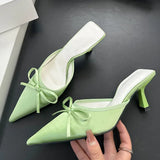 KYLETHOMASW  -  New Butterfly-knot Women Slipper Summer Pointed Toe  Slip on Ladies Mules Thin Low Heel Satin Slide Sandals Zapatos Mujer