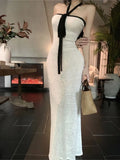 KYLETHOMASW  -  Women Knit Strapless Backless Bowknot Long Midi Dress 2025 Summer Sexy Night Club Party Evening Holiday Street White Dresses