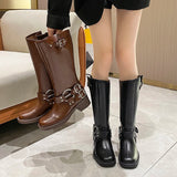 KYLETHOMASW  -  Winter Women Knee High Boots Fashion Belt buckle Long Boots Female Elegant Thick Heel Women's Knight Botties