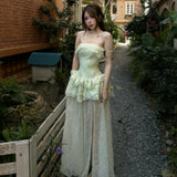 KYLETHOMASW  -  Ruffles Decoration Long Dresses Woman Chest Wrap Backless Lace Patchwork Hem Sweet Girl Street Y2K Style Elegant Vestidos