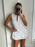 Kylethomasw  Summer Mini Tank Dress Woman Trendy White O-Neck Sleeveless Pleated Lace-Up Decorate Zipper Female Fashion Slim Dresses