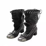 KYLETHOMASW  -  Vintage Pleated Mid-Calf Boots Cross-tied Square Toe Mid Heels Luxury Leather Fashion Novelty Sexy Concise Autumn Women Shoes
