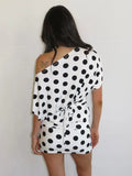 KYLETHOMASW  -  Polka Dot Short Skirt Set with Wide Shoulders, Narrow Waist Strap Design, T-shirt Flip Up, Low Waist, Hip Wrapping Skirt