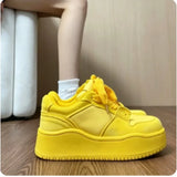 KYLETHOMASW  -  Bright Yellow Platform Sneakers Women Monochrome Lace Up Chunky Casual Shoes Thick Sole Y2K Streetwear Daily Korean Chic Walk