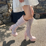 KYLETHOMASW  -  Breathable Mesh Stitched Glossy Patent Leather Motorcycle Boots Square Toe Platform Cross Lace Chain Pearl String Women's Boots