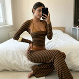 KYLETHOMASW  -  Retro Striped Casual Suits Casual Lace Hanging Neck Collar Vest Long Sleeved Cover Up Shirt Low Waist Straight Leg Pants 트위드 투피스