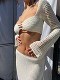 Kylethomasw Sexy Crochet Two Piece Set Women Beach Outfits Knit Hollow Out Crop Top Bodycon Long Skirt Sets  Vacation Dress Set