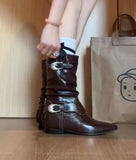 KYLETHOMASW  -  New Round Toe Square Heel Sexy Elegant Mid-calf Boots Fashionable Pin Buckle Decoration Solid Color Simple Casual Women's Shoes