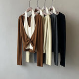 Kylethomasw Korean Patchwork Casual Halter Long-sleeved Sweater Women Autumn New Streetwear Fake Two-piece Sexy Knitted Tops