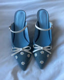 KYLETHOMASW  -  Sweet Spring Style Blue Denim Pointed-Toe Slingback Heels White Daisy Embroidery Bow Accent Adjustable Ankle Strap Stiletto Heel