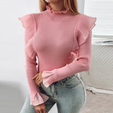Kylethomasw Autumn Lace Splicing Long Sleeve Slim Knitted Tops New Female Solid Color Ruffles Pullover Fashion Commute Temperament Wool Tops