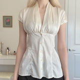 KYLETHOMASW  -  French Retro Satin A-line Shirt Chic Fashion Slimming Short Sleeve V-neck Blouses Office Ladies Elegant Top All-match