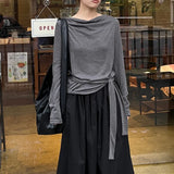 Kylethomasw Vintage Pleated Lace-up Casual Long-sleeved T-shirt Women Autumn New High Street Solid Color All Match Tops