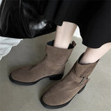 KYLETHOMASW  -  Luxury Women Ankle Boots Cow Suede Round Toe Motorcycle Boots Thick Low Heels Warm Autumn Winter Shoes Buckles Boots