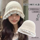 KYLETHOMASW  -    Korean Sweet Hot Girl Lace Knitted Bucket Hats Women's Autumn/winter Cute Patchwork Bowler Hat Fashion Female Trendy Accessories