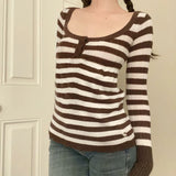 KYLETHOMASW  -  Sweet Slim Casual U Neck Long Sleeve Striped Contrast Color Pullover Knitted Pullovers