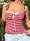 KYLETHOMASW  -  Fashion Sweet Plaid Lace Spliced Women Camisole Cute Chic Y2k Summer Trendy New Slim Fit Blouses