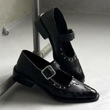 KYLETHOMASW  -  High Quality Leather Women Shoes Sexy Pointed Toe Metal Buckle Mary Jane Shoes for Women Punk Black Elegant Woman Heeled Shoes
