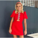 Kylethomasw  Bow Hollow Out Red Black Mini Dress Women Sexy Puff Sleeve O-neck Party Dresses 2024 Summer New Elegant Shinny Robe Vestidos