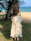 Kylethomasw Elegant Irregular Ruffles Midi Dress Women New Summer Solid Spaghetti Strap Beach Vocation Korean Chic Female Casual Vestidos