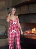 KYLETHOMASW  -  Women Sweet Red Grid Two Piece Pants Set Sexy Deep V-back Strap Top Casual Straight Leg Pants New Cute Daily Holiday Outfit