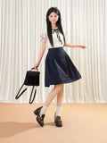 KYLETHOMASW  -  Japanese Sweet Bow Slim Dress Woman Vintage Cute Polka Dot Flounce Fake Two Piece Dresses Short Sleeve Casual Patchwork Clothes