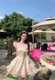 KYLETHOMASW  -  Women Summer Floral Print Ruffle Bow Sweet Sexy Fairy Mini Dress High Waist Sleeveless Slim Square Collar A Line Dresses Vestido