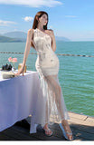 KYLETHOMASW  -  French Luxurious Heavy Craftsmanship Elegant Vacation Evening Dress Women's Lace Off-Shoulder Tulle Backless Long Dress High-end
