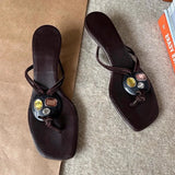 KYLETHOMASW  -  Summer New Women's Brown Flip Flops Square Toe Kitten Heel Rhinestone Inlaid Retro Casual Ladies Beach Outdoor Slippers