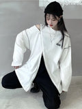 Kylethomasw Off Shoulder Zipper T-shirts Women Streetwear Zip Up Long Sleeve Loose Tee Design Harajuku Hip Hop 0-neck Grunge Clothes