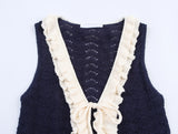 KYLETHOMASW  -  Women Contrasting Ruffle Knit Tank Tops Sexy V Neck Front Tie Holiday Casual Summer Crop Top