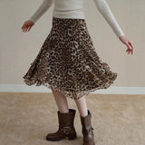 KYLETHOMASW  -  Summer New Retro Coffee Leopard Pattern Casual High Waist Flaw ruffled Half length Skirt for Women