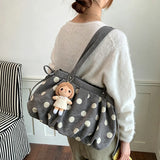 KYLETHOMASW  -  Polka Dot Canvas Tote Bag Pleated Drawstring Design Large Capacity Women Shoulder Bag Casual Daily Shopping Travel Handbag