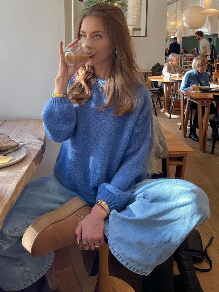 Kylethomasw Solid Color Round Neck Long Sleeved Sweater Women Loose Blue Warm Pullover Autumn Winter Fashion Female Street Jumper