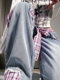 KYLETHOMASW  -  Retro black bow strap checkered patchwork jeans for women's autumn and winter design, niche loose wide leg pants