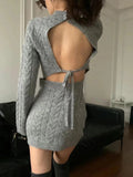 KYLETHOMASW  -  Open Back Cable Knit Mini Dress Plain Casual Slim Turtleneck Long Sleeve Bodycon One-piece Autumn Winter Women Clothes
