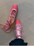 KYLETHOMASW  -  Cowhide Version Pink Single Shoe Women's Square Head Shallow Mouth Design Sense Cross Strap Ballet Shoes Low Heel Mary Jane Shoe